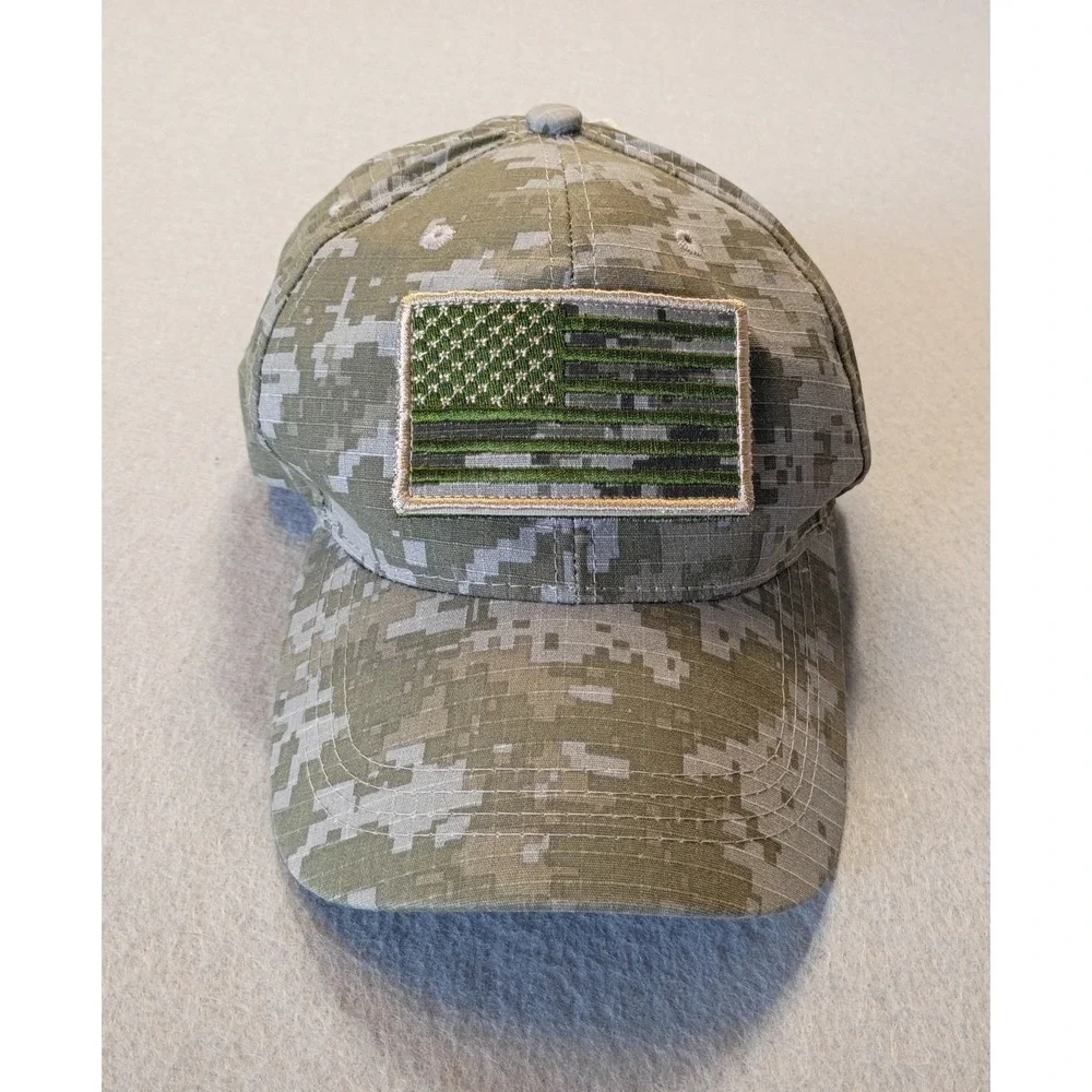 US Flag Cap‎ Hat Adult Adjustable Green Camo Multi Patch Design R Headwear NWT